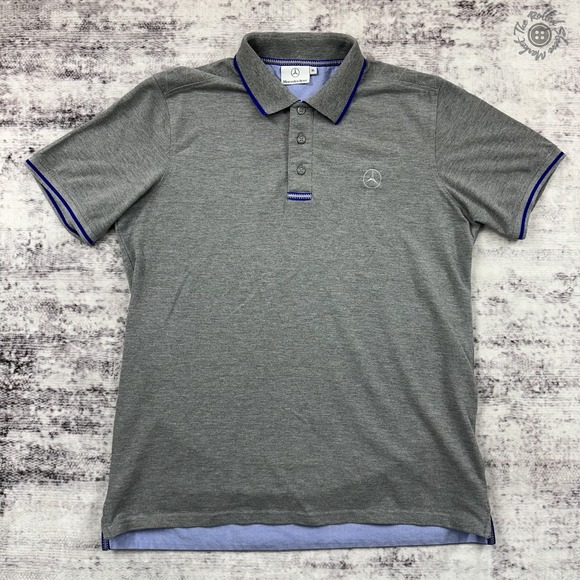 Mercedes-Benz Polo Shirt Gray Blue Trim Embroidered‎ Logo Men's XL